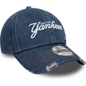 blaue-gebogene-verstellbare-kappe-9twenty-denim-distress-der-new-york-yankees-mlb-von-new-era
