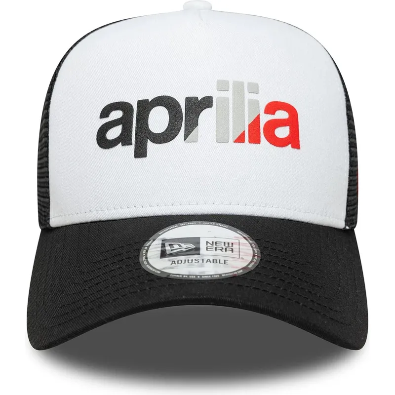 weisse-und-schwarze-trucker-kappe-a-frame-wordmark-von-aprilia-piaggio-von-new-era