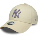 new-era-curved-brim-women-purple-logo-9forty-metallic-logo-new-york-yankees-mlb-beige-adjustable-cap