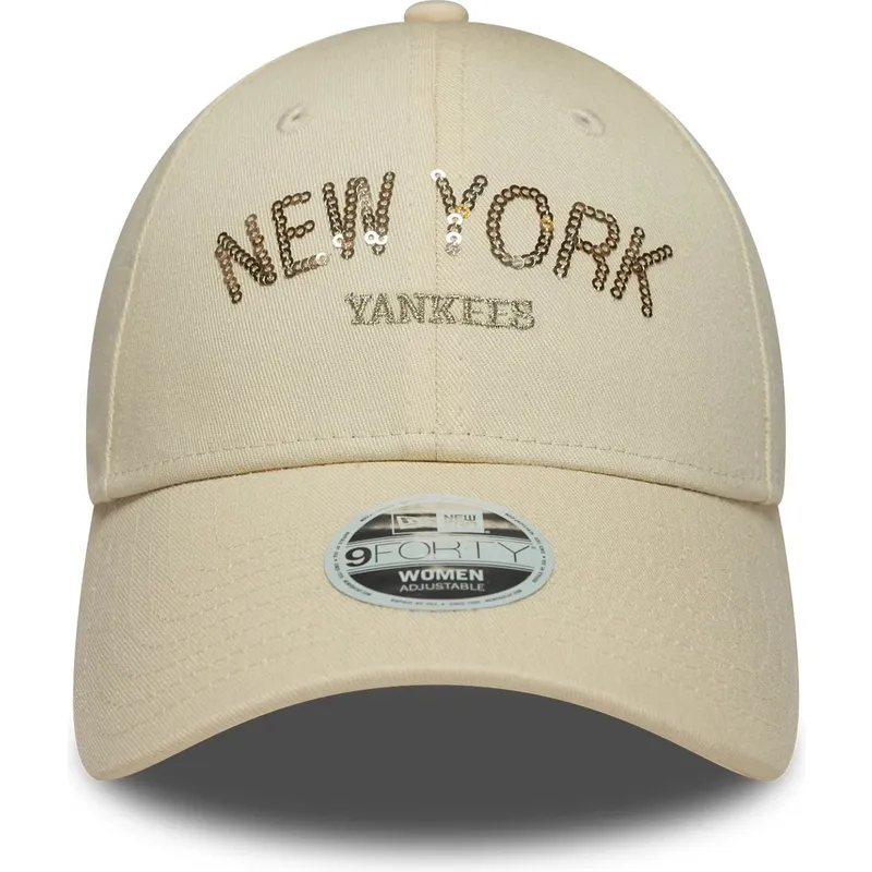 new-era-curved-brim-women-9forty-sequin-wordmark-new-york-yankees-mlb-beige-adjustable-cap