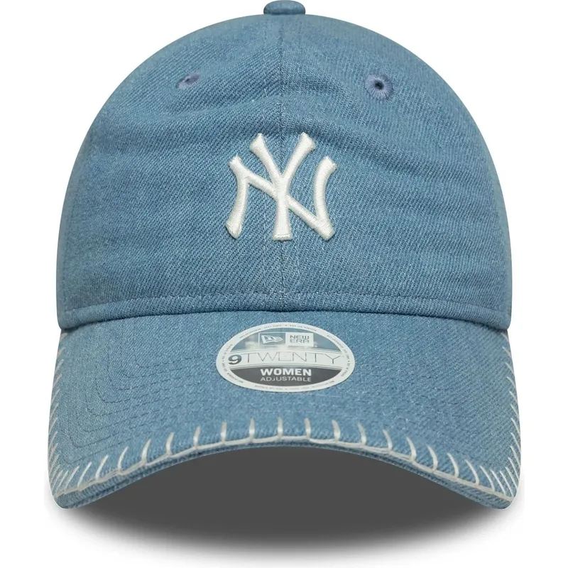 blaue-gebogene-verstellbare-damenkappe-9twenty-denim-stitch-der-new-york-yankees-mlb-von-new-era