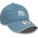 blaue-gebogene-verstellbare-damenkappe-9twenty-denim-stitch-der-new-york-yankees-mlb-von-new-era