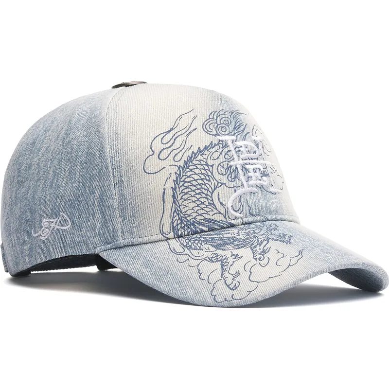 blaue-verstellbare-curved-cap-crawling-dragon-washed-denim-von-ed-hardy