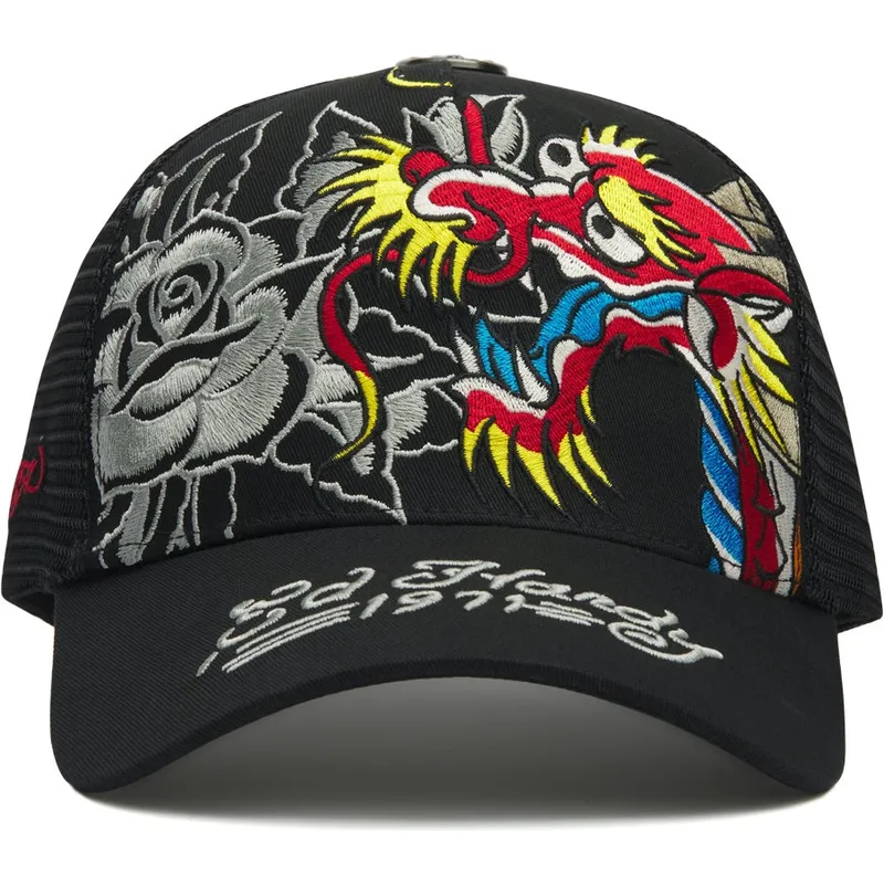 schwarze-trucker-kappe-dragon-and-roses-graphic-von-ed-hardy