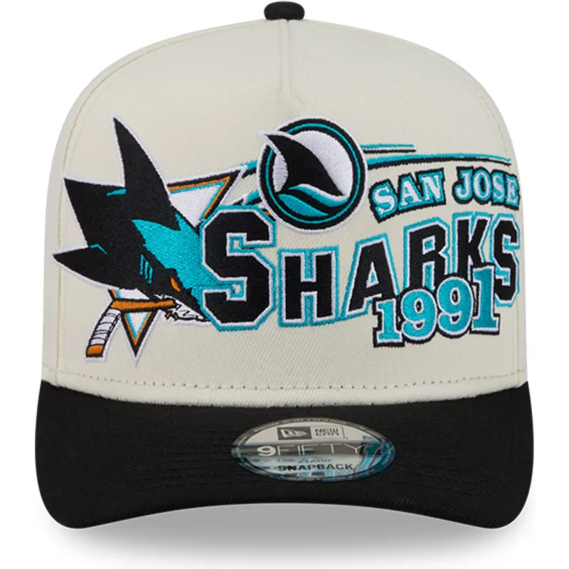 gorra-curva-beige-y-negra-snapback-9fifty-a-frame-classic-de-san-jose-sharks-nhl-de-new-era