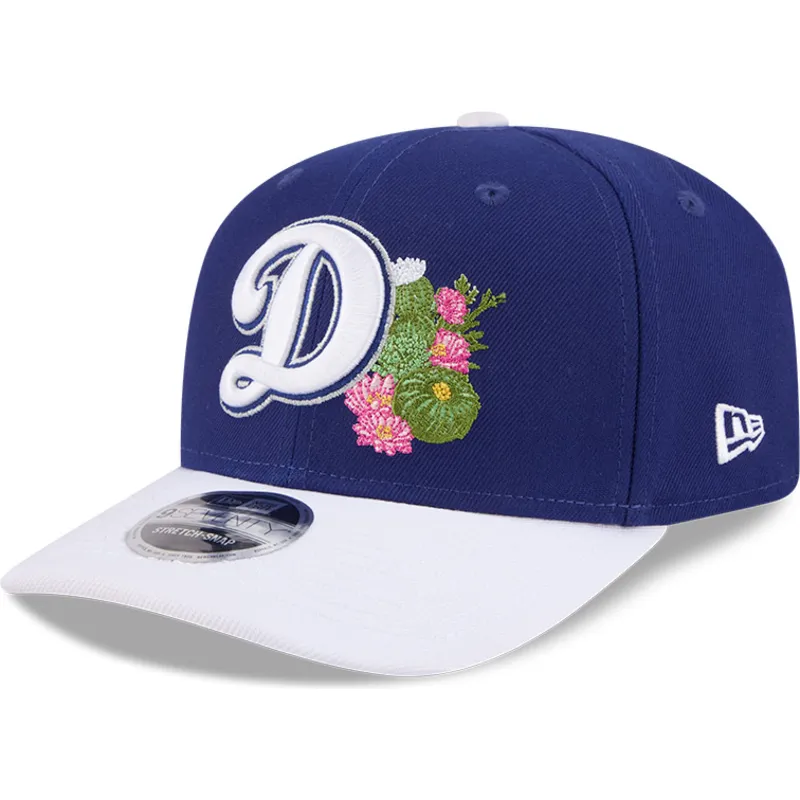 blaue-und-weisse-gebogene-snapback-kappe-9seventy-stretch-snap-flower-der-los-angeles-dodgers-mlb-von-new-era