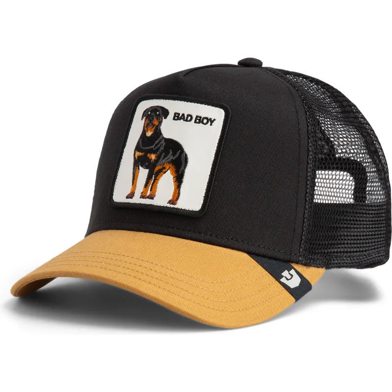 trucker-cap-schwarz-und-braun-hund-rottweiler-bad-boy-the-farm-von-goorin-bros