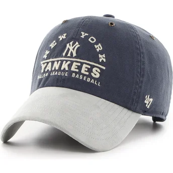 47 Brand Curved Brim Clean Up Windham Suede Vintage New York Yankees MLB Navy Blue and Grey Adjustable Cap
