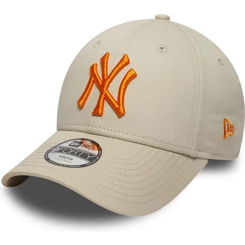 new-era-curved-brim-youth-orange-logo-9forty-league-essential-new-york-yankees-mlb-beige-adjustable-cap