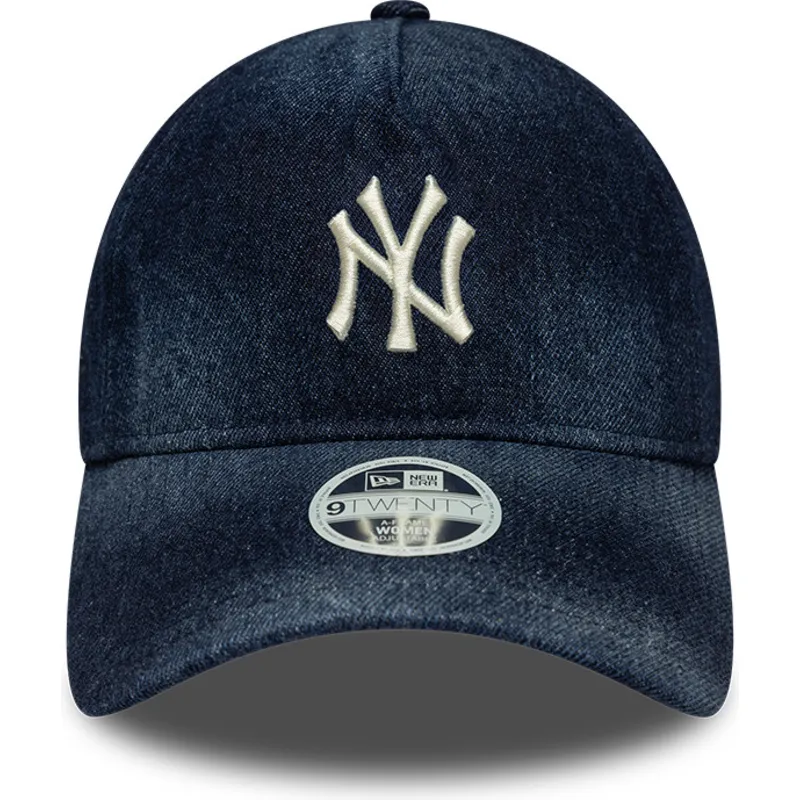 marineblaue-gebogene-verstellbare-damen-kappe-9twenty-a-frame-denim-der-new-york-yankees-mlb-von-new-era