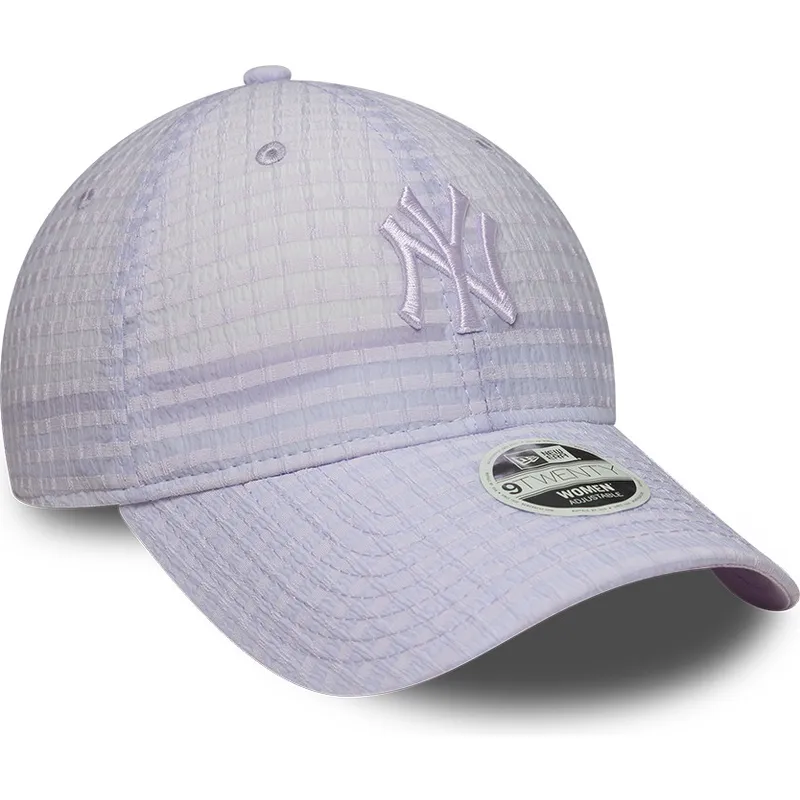 violette-verstellbare-curved-cap-mit-violettem-logo-fur-damen-9twenty-seersucker-der-new-york-yankees-mlb-von-new-era