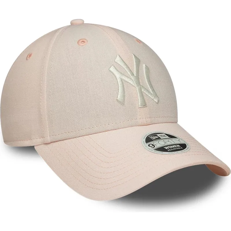 hellrosa-gebogene-verstellbare-damenkappe-9forty-linen-der-new-york-yankees-mlb-von-new-era