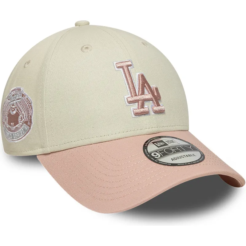 new-era-curved-brim-pink-logo-9forty-world-series-patch-los-angeles-dodgers-mlb-beige-and-pink-adjustable-cap