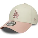 new-era-curved-brim-pink-logo-9forty-world-series-patch-los-angeles-dodgers-mlb-beige-and-pink-adjustable-cap