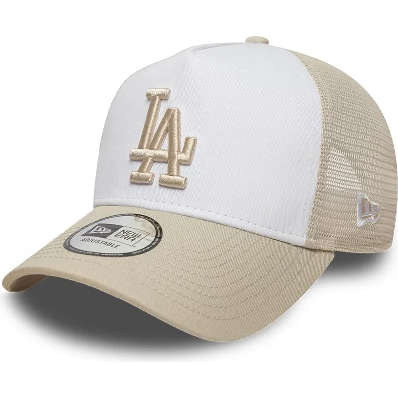 new-era-a-frame-league-essential-los-angeles-dodgers-mlb-beige-and-white-trucker-hat-with-beige-logo