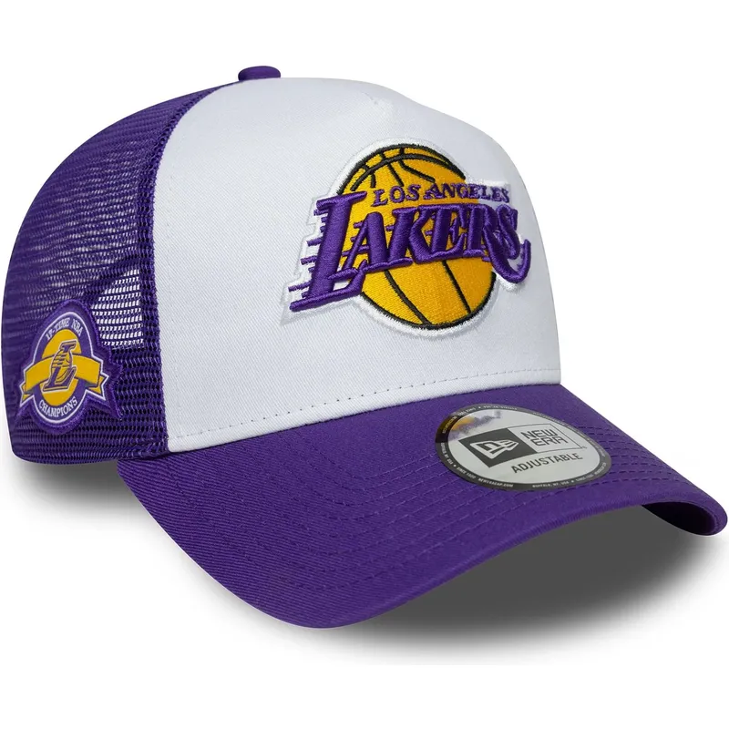 trucker-cap-violett-und-weiss-a-frame-side-patch-von-los-angeles-lakers-nba-von-new-era