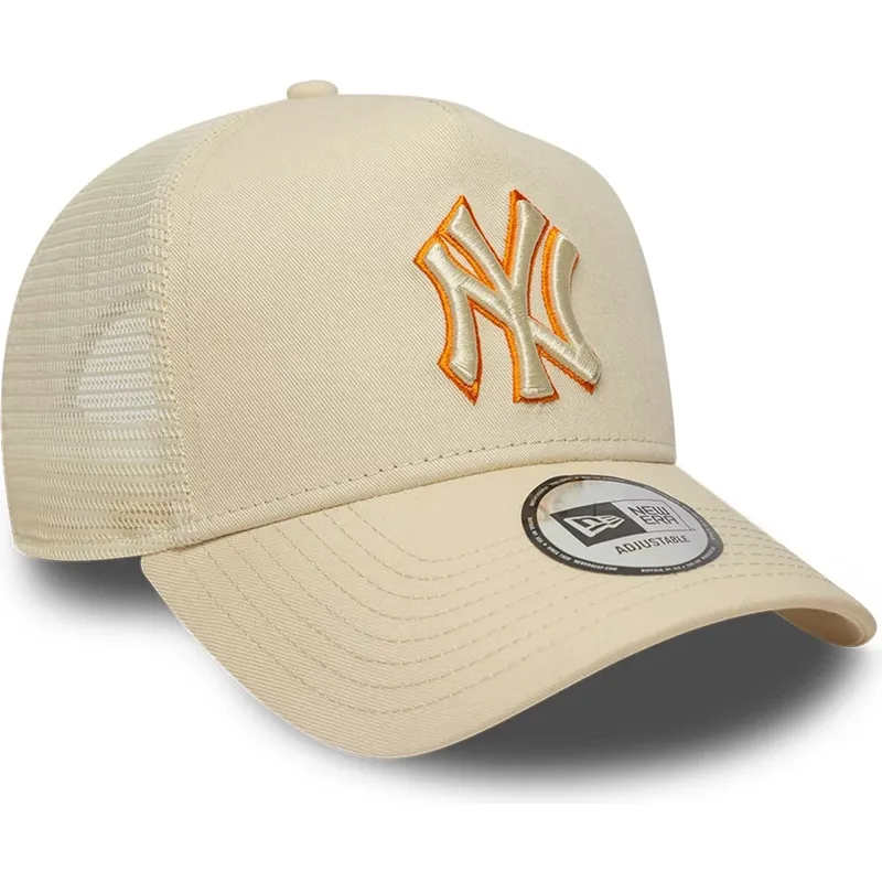 trucker-cap-beige-mit-beigem-logo-a-frame-outline-von-new-york-yankees-mlb-von-new-era