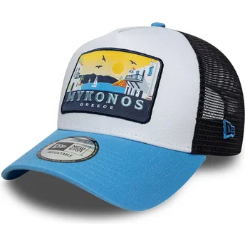 Gorra trucker azul A Frame Location Patch de Mykonos de New Era