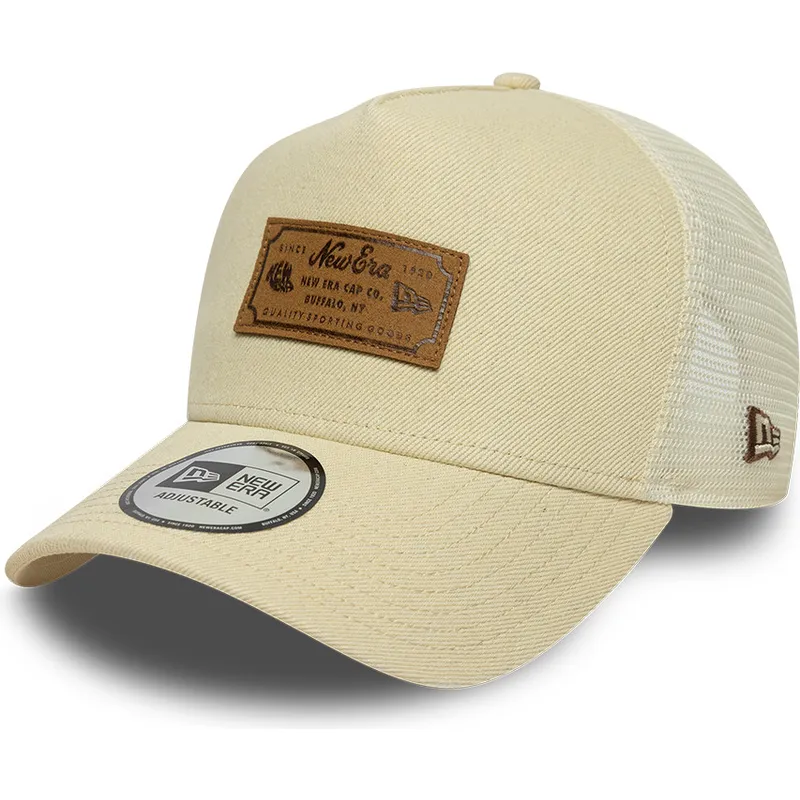 trucker-cap-beige-a-frame-denim-leather-patch-von-new-era