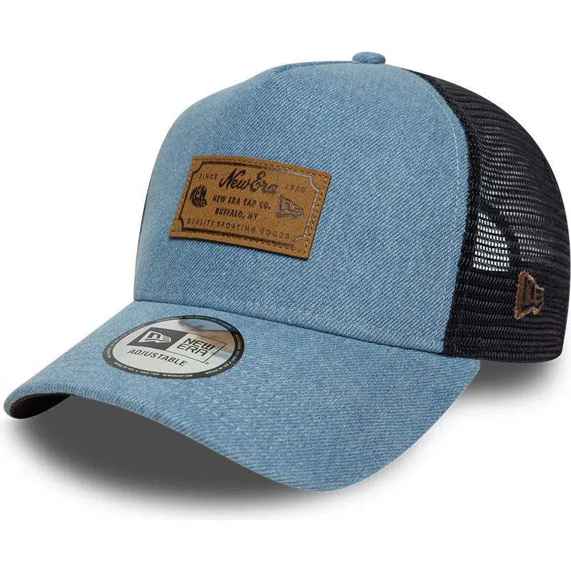 trucker-cap-blau-a-frame-denim-leather-patch-von-new-era
