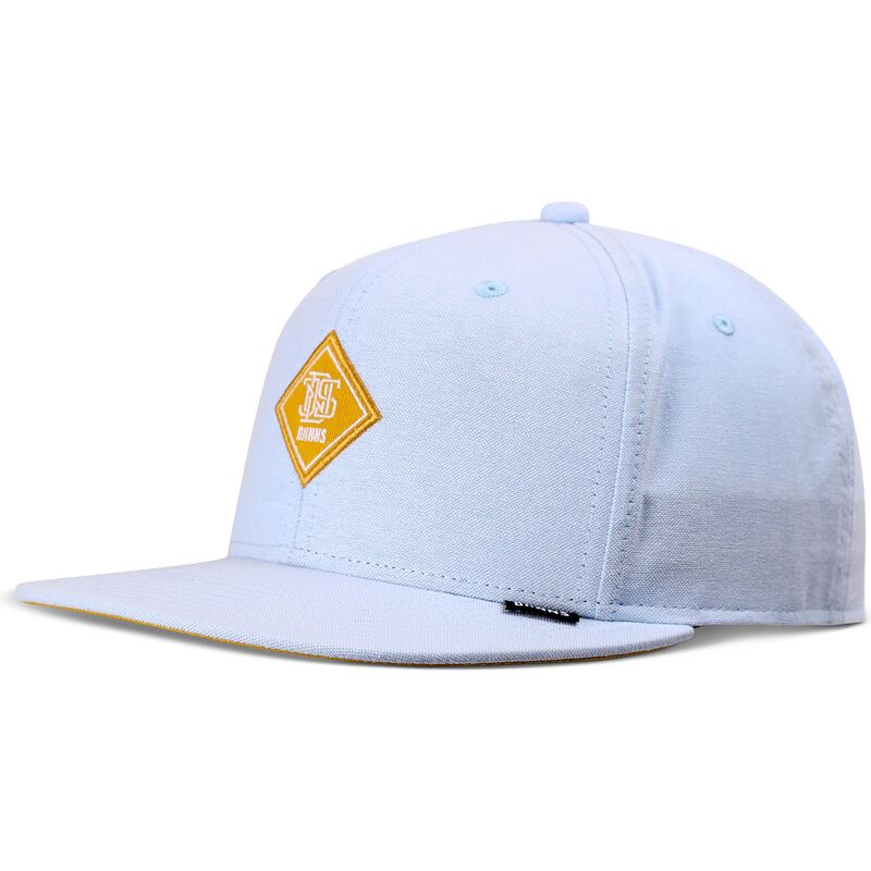 blaue-flache-snapback-kappe-mit-gelbem-oxfordcontra-logo-von-djinns