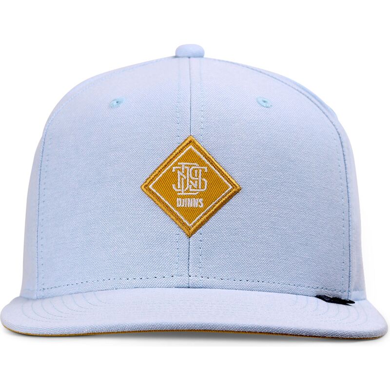 blaue-flache-snapback-kappe-mit-gelbem-oxfordcontra-logo-von-djinns