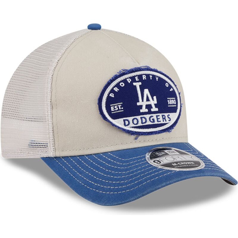 beige-und-blaue-trucker-kappe-9forty-m-crown-a-frame-fray-der-los-angeles-dodgers-mlb-von-new-era