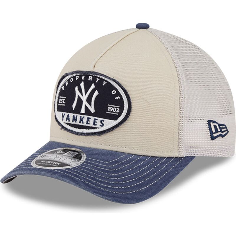 beige-und-marineblaue-trucker-kappe-9forty-m-crown-a-frame-fray-der-new-york-yankees-mlb-von-new-era