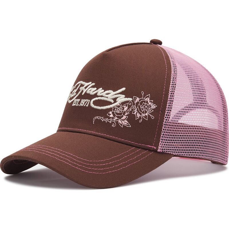 siltovka-zaoblena-hneda-snapback-rosa-skull-and-roses-ed-hardy