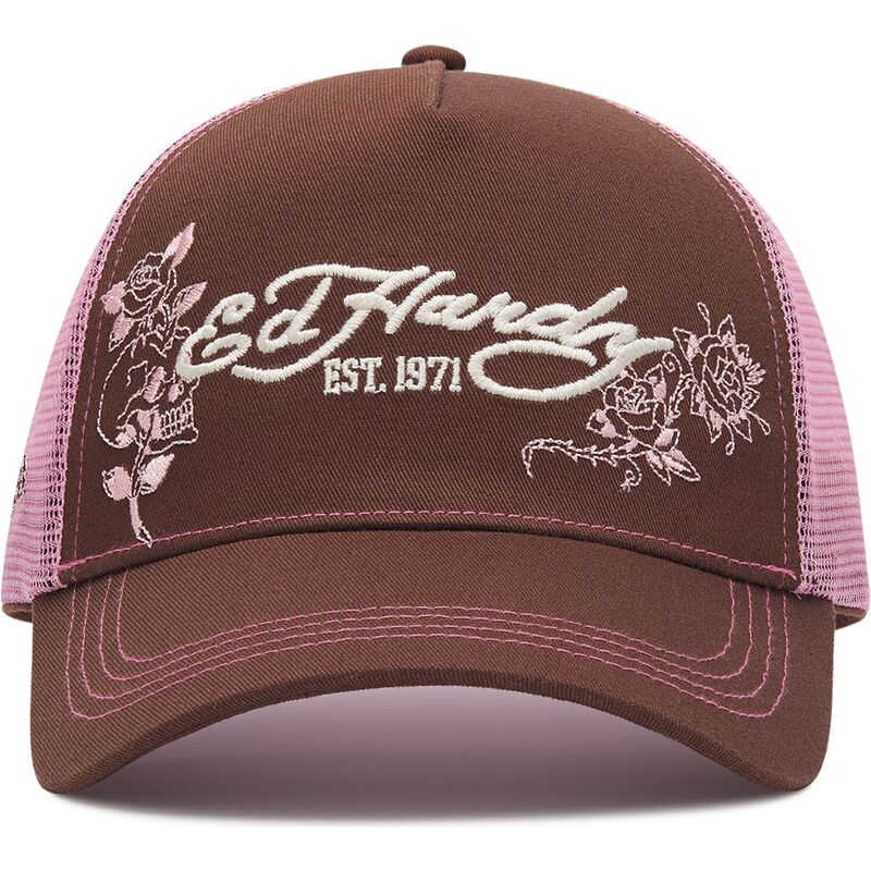 siltovka-zaoblena-hneda-snapback-rosa-skull-and-roses-ed-hardy