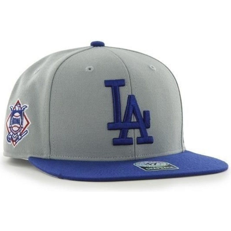 47-brand-flat-brim-mit-blauem-logo-seitliches-logo-mlb-los-angeles-dodgers-smooth-snapback-cap-grau